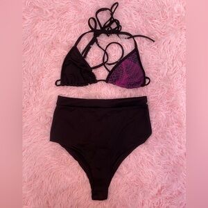 iHeartRaves Purple & Black High-Wasted Two-Piece Cyber Rave Outfit - Small S/M